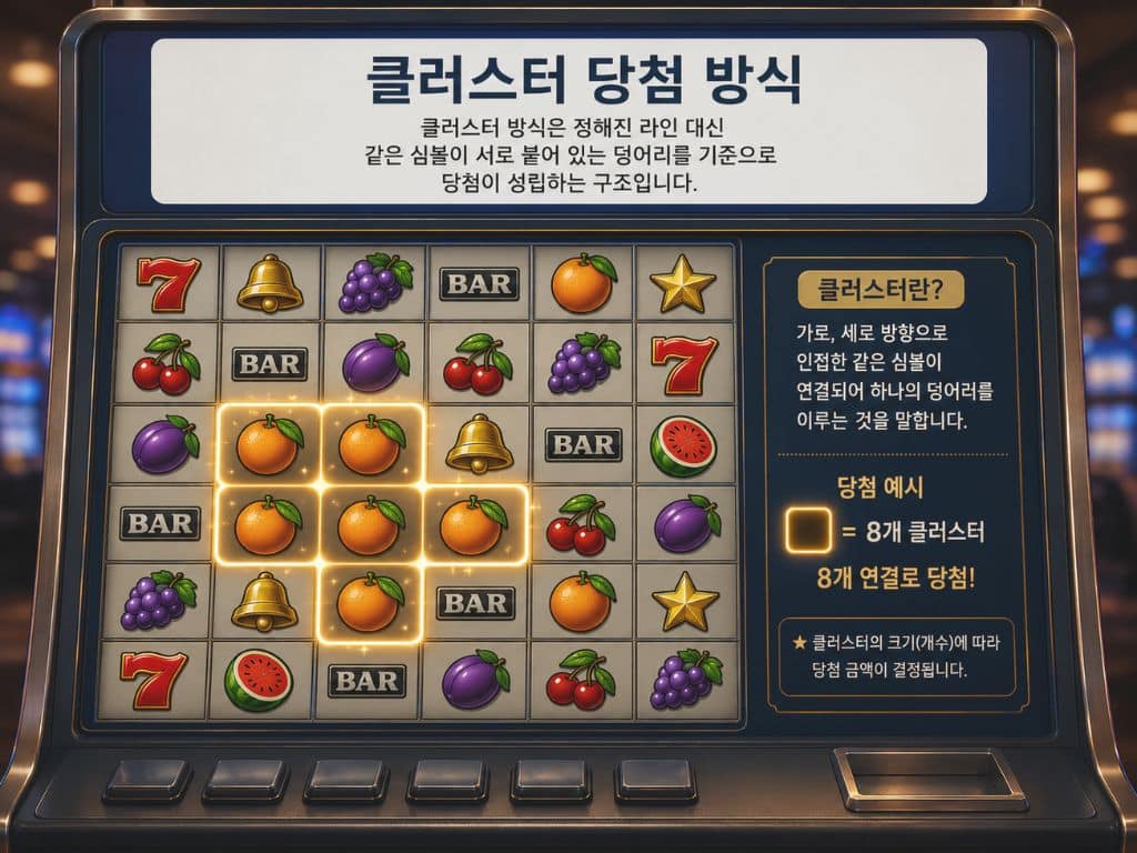 슬롯머신 클러스터 당첨 방식을 설명하는 슬롯머신 화면