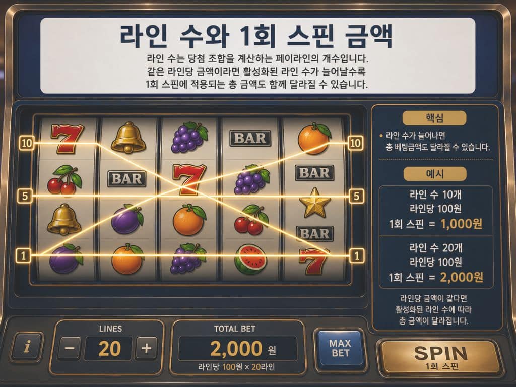 슬롯머신 라인 수와 1회 스핀 금액 구조를 설명하는 화면