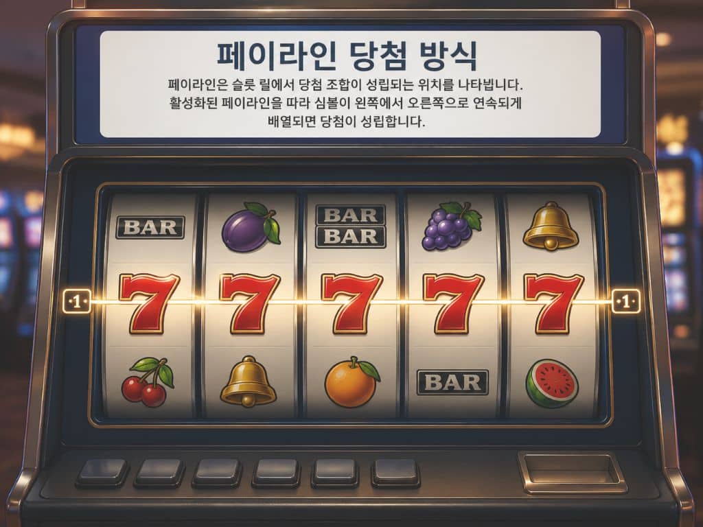 슬롯머신 페이라인 당첨 방식을 설명하는 슬롯머신 화면